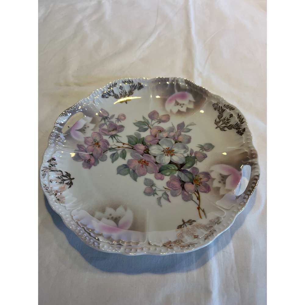 Schwarzenhammer Bavaria Porcelain Cake Plate Floral Gold Gilt Scalloped Handle